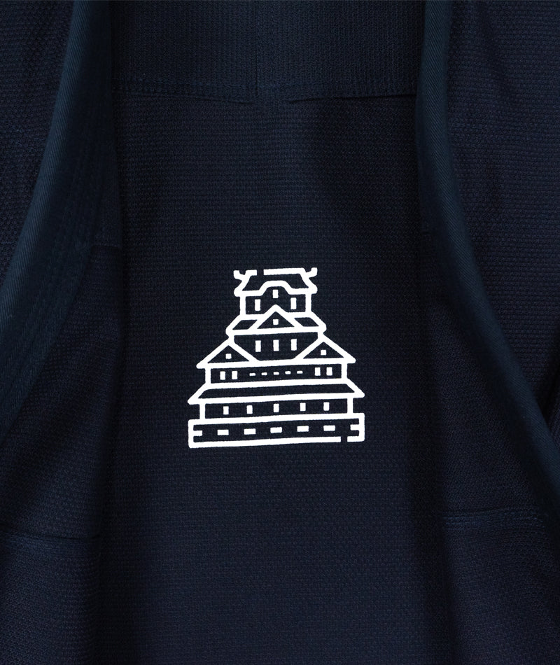 A close up view of the Navy Blue The Temple Kimono inner design